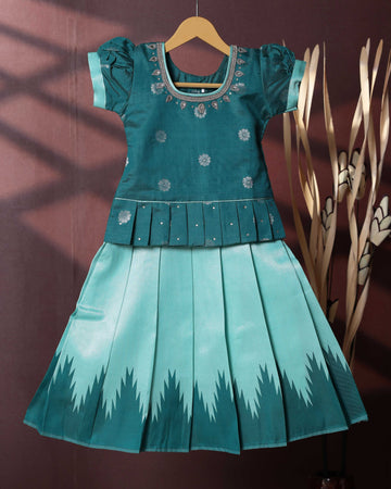 Traditional Pattu Pavadai Set With Zari Woven Skirt And Embroidered Blouse - Teal