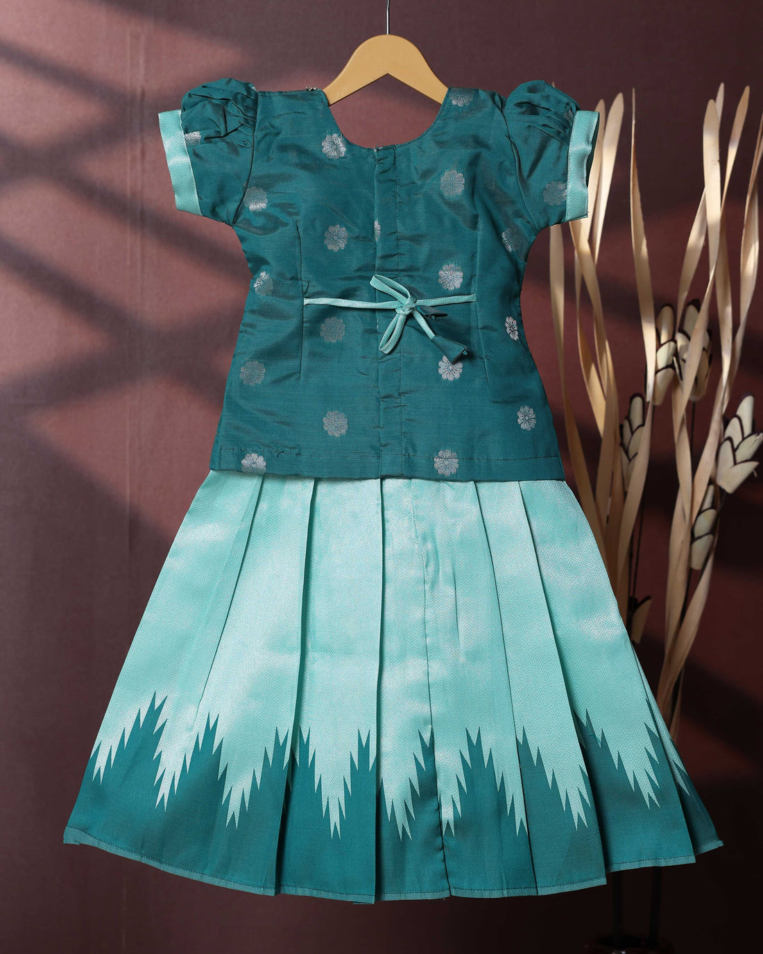 Traditional Pattu Pavadai Set With Zari Woven Skirt And Embroidered Blouse - Teal