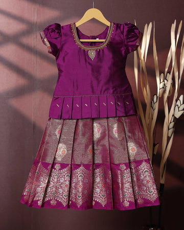 Traditional Pattu Pavadai Set With Zari Woven Skirt And Embroidered Blouse- Purple