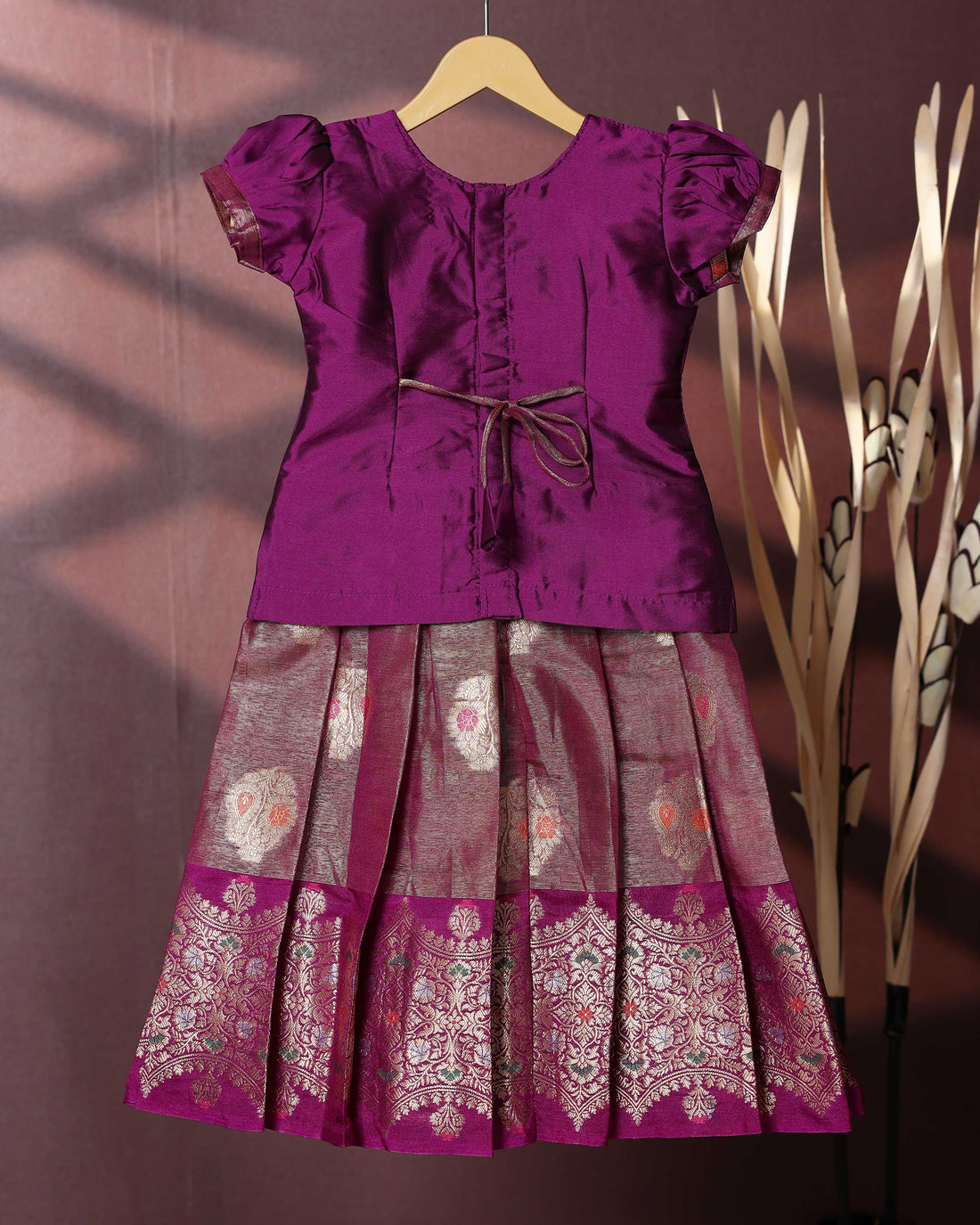 Traditional Pattu Pavadai Set With Zari Woven Skirt And Embroidered Blouse- Purple