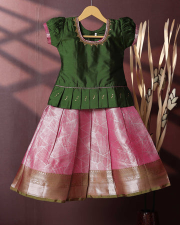 Traditional Pattu Pavadai Set With Zari Woven Skirt And Embroidered Blouse- Green