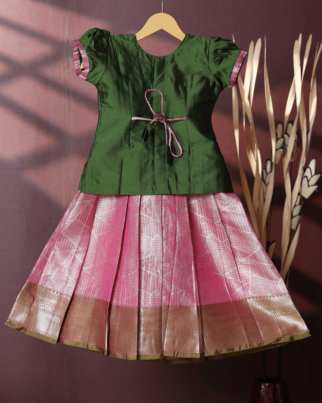 Traditional Pattu Pavadai Set With Zari Woven Skirt And Embroidered Blouse- Green