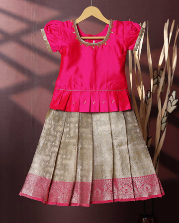 Traditional Pattu Pavadai Set With Zari Woven Skirt And Embroidered Blouse - Pink