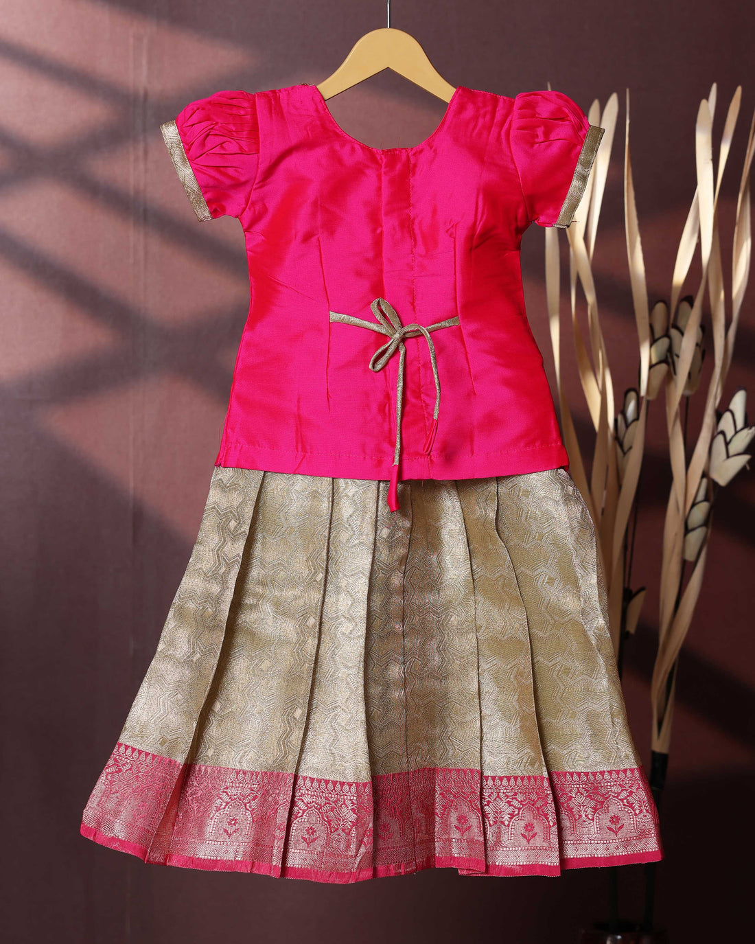 Traditional Pattu Pavadai Set With Zari Woven Skirt And Embroidered Blouse - Pink