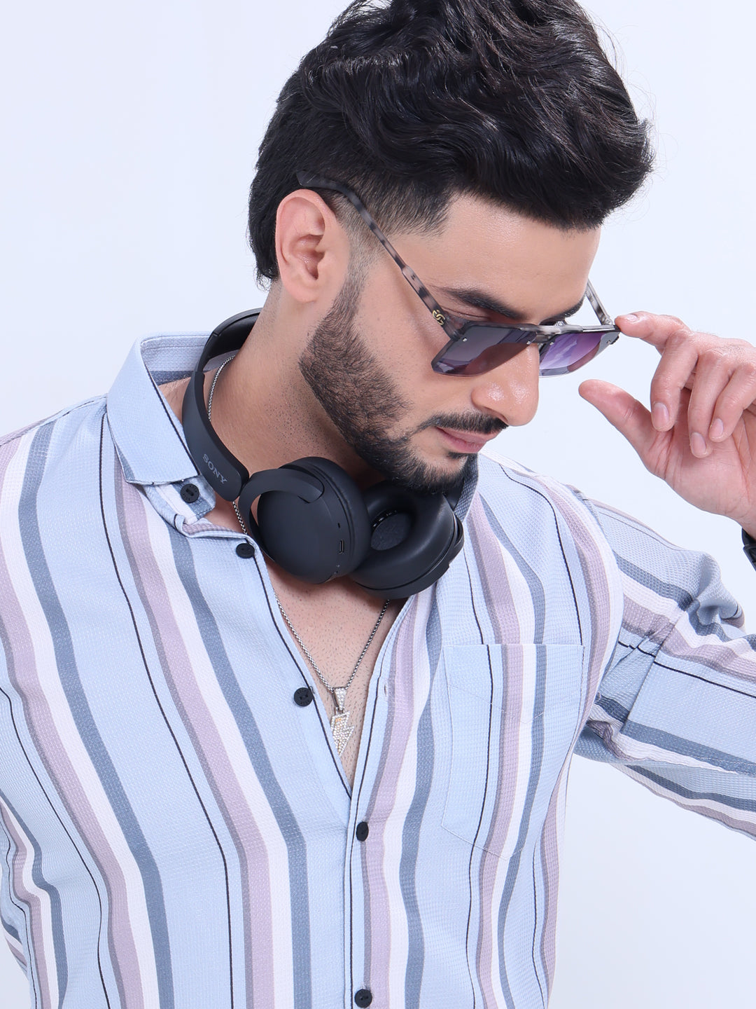 Rocx Brand Men's Striped Casual Shirt with Full Sleeves and Spread Collar - Blue