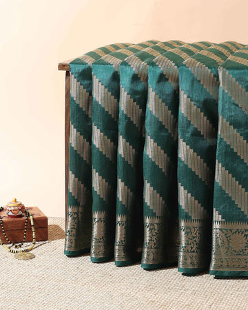 Elegant Tussar Silk Saree with Diagonal Woven Stripes and Zari Border – Green