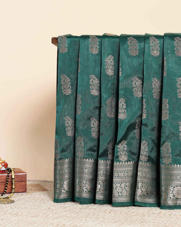 Traditional Tussar Silk Saree with Woven Zari Buttas and Ornate Pallu Design – Green