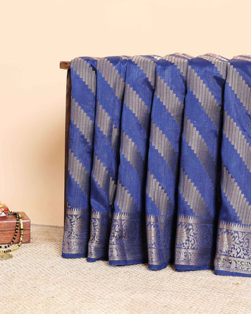 Elegant Tussar Silk Saree with Diagonal Woven Stripes and Zari Border – Navy Blue