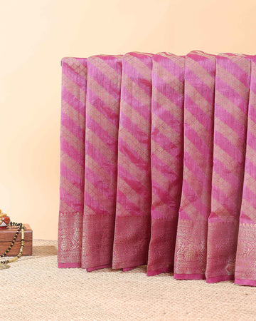 Elegant Tussar Silk Saree With Geometric Zari Weaving and Classic Brocade Border – Pink