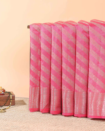 Elegant Tussar Silk Saree With Geometric Zari Weaving and Classic Brocade Border – Pink