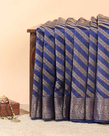 Elegant Tussar Silk Saree With Geometric Zari Weaving and Classic Brocade Border – Navy Blue
