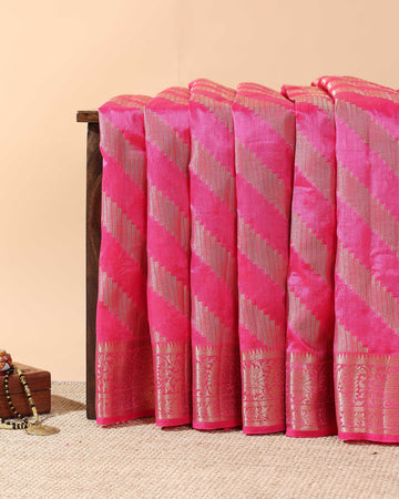 Elegant Tussar Silk Saree with Diagonal Woven Stripes and Zari Border – Pink