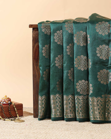 Elegant Tussar Silk Saree with Intricate Zari Weave and Floral Motifs – Green