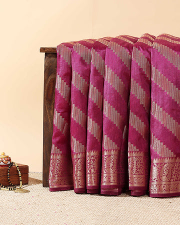 Elegant Tussar Silk Saree with Diagonal Woven Stripes and Zari Border – Magenta