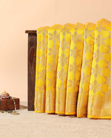 Elegant Tussar Silk Saree with Geometric Floral Design and Intricate Zari Border - Yellow