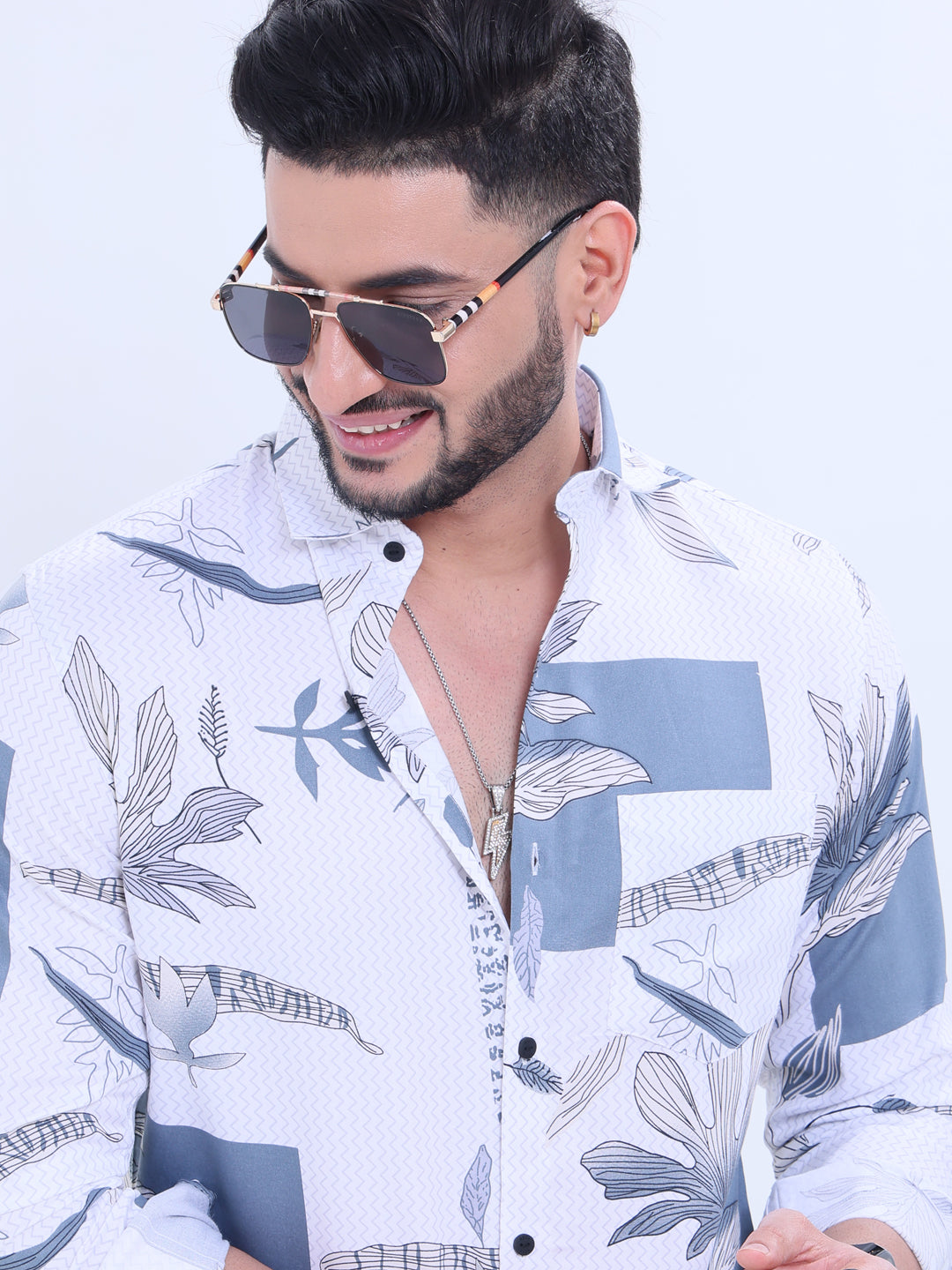 Rocx Men's Printed Casual Shirt with Spread Collar and Full Sleeves - White