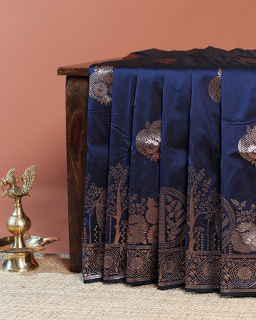 Elegant Banarasi Semi Silk Saree with Antique Zari Floral Buttas and Ornate Brocade Border - Navy Blue