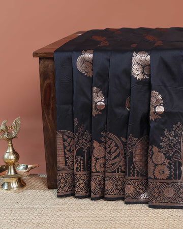 Elegant Banarasi Semi Silk Saree with Antique Zari Floral Buttas and Ornate Brocade Border - Black