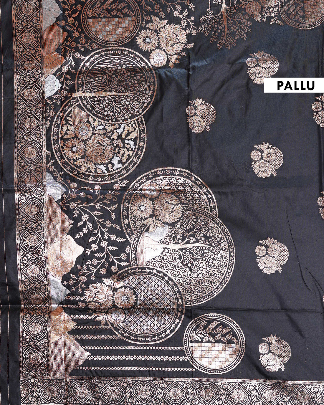 Elegant Banarasi Semi Silk Saree with Antique Zari Floral Buttas and Ornate Brocade Border - Black