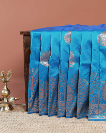 Elegant Banarasi Semi Silk Saree with Antique Zari Floral Buttas and Ornate Brocade Border -Blue