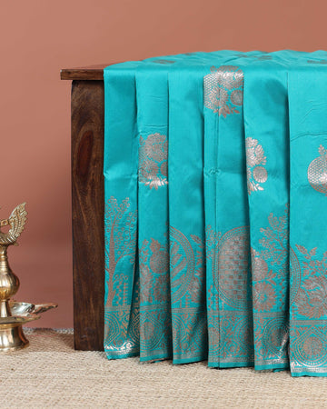 Elegant Banarasi Semi Silk Saree with Antique Zari Floral Buttas and Ornate Brocade Border -Aqua Blue
