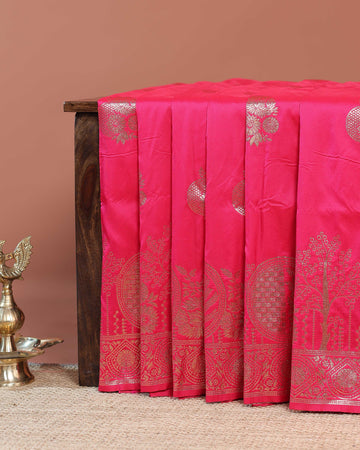 Elegant Banarasi Semi Silk Saree with Antique Zari Floral Buttas and Ornate Brocade Border -Pink