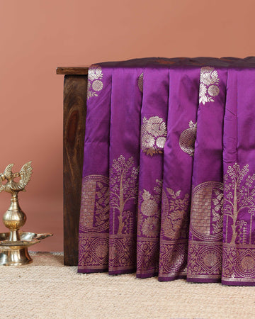 Elegant Banarasi Semi Silk Saree with Antique Zari Floral Buttas and Ornate Brocade Border -Purple