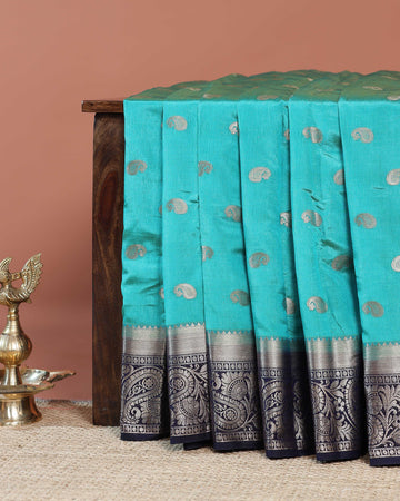 Elegant Banarasi Silk Saree with Paisley Zari Buttas and Contrast Woven Border -Blue