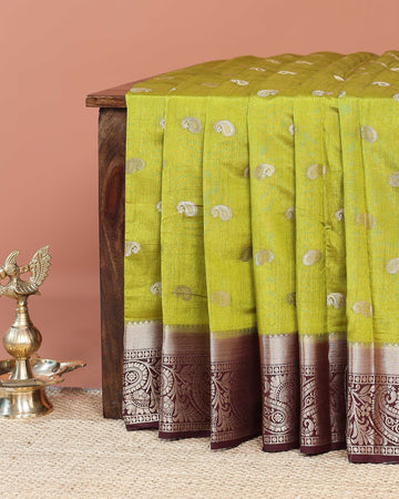 Elegant Banarasi Silk Saree with Paisley Zari Buttas and Contrast Woven Border -Green