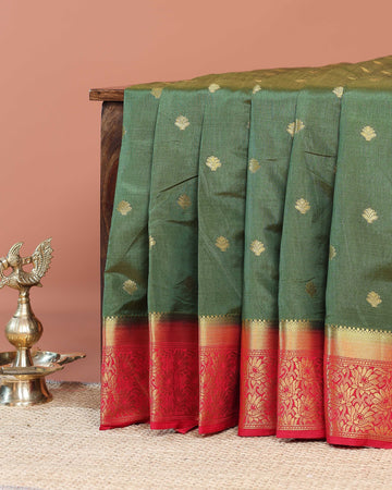 Graceful Banarasi Semi Silk Saree with Gold Zari Buttas and Rich Contrast Brocade Border - Green