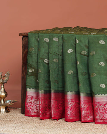 Elegant Banarasi Silk Saree with Paisley Zari Buttas and Contrast Woven Border - Green