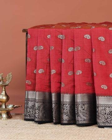 Elegant Banarasi Silk Saree with Paisley Zari Buttas and Contrast Woven Border - Red