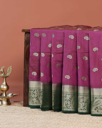 Elegant Banarasi Silk Saree with Paisley Zari Buttas and Contrast Woven Border - Purple
