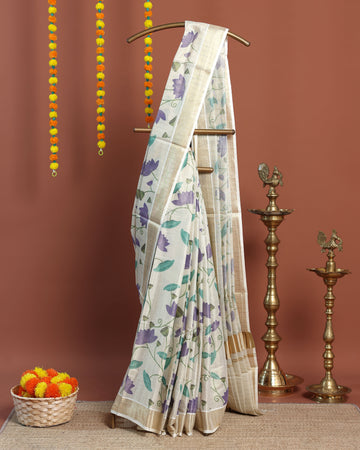 Kasavu Kerala Saree with Zari Border and All-Over Floral Printed Design - Cream