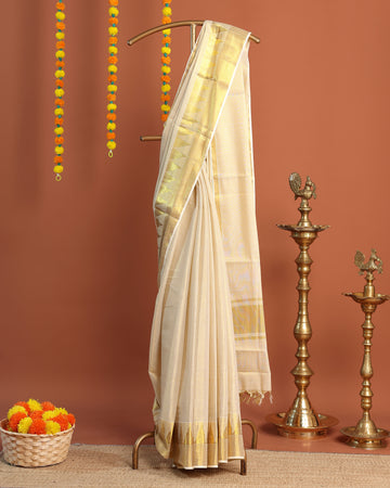 Traditional Kerala Kasavu Saree with Zari Border & Pallu - Cream
