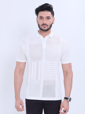Men’s Half Sleeve Nativebull T-Shirt with Geometric Textured Knit - White