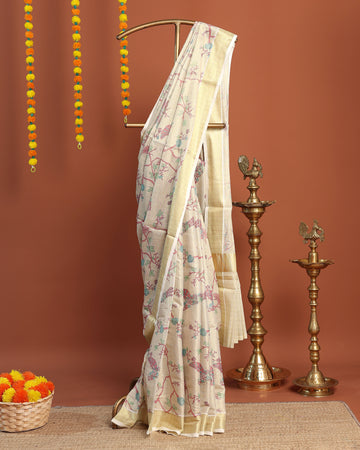 Traditional Kerala Kasavu Saree with Floral Print Design and Zari Border - Cream