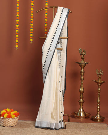 Authentic Kerala Kasavu Handloom Saree with Temple Border - Cream