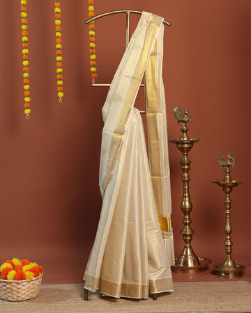 Traditional Kerala Kasavu Saree with Zari Border - Cream