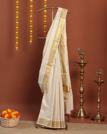Kerala Kasavu Cotton Zari Saree with Intricate All-Over Work and Golden Border - Cream