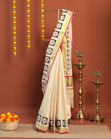 Kerala Kasavu Cotton Saree with Zari Border & Traditional Floral Motif - Cream