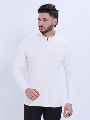 Men's Nativebull High Neck Ribbed Sweater with Half-Zip Closure Sweatshirt - White