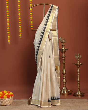 Traditional Kasavu Kerala Saree with Woven Zari Border and Contrast Temple Motif Design - Cream