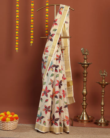 Traditional Kerala Handloom Saree with Zari Border and Floral Motif Print - Cream
