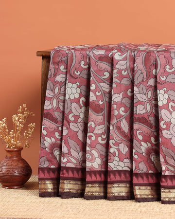 Semi Chanderi Kalamkari Printed Saree With Border - Light Red