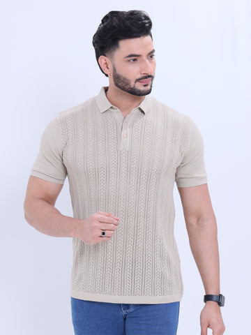 Men’s Half Sleeve Nativebull T-Shirt with Intricate Textured Knit - Light Brown