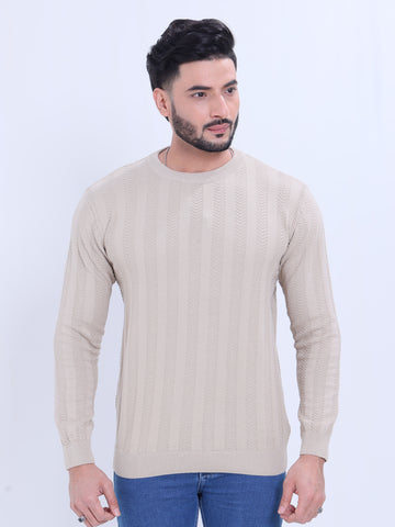 Men's Slim Fit Self-Patterned Crew Neck Nativebull Sweatshirt with Full Sleeves -Beige