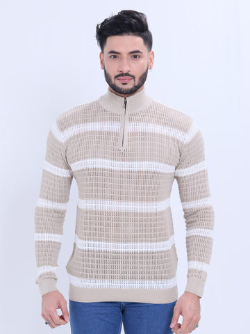 Men’s Full Sleeve Textured Sector Type Zip-Neck Sweatshirt with Horizontal Stripe Pattern - Brown