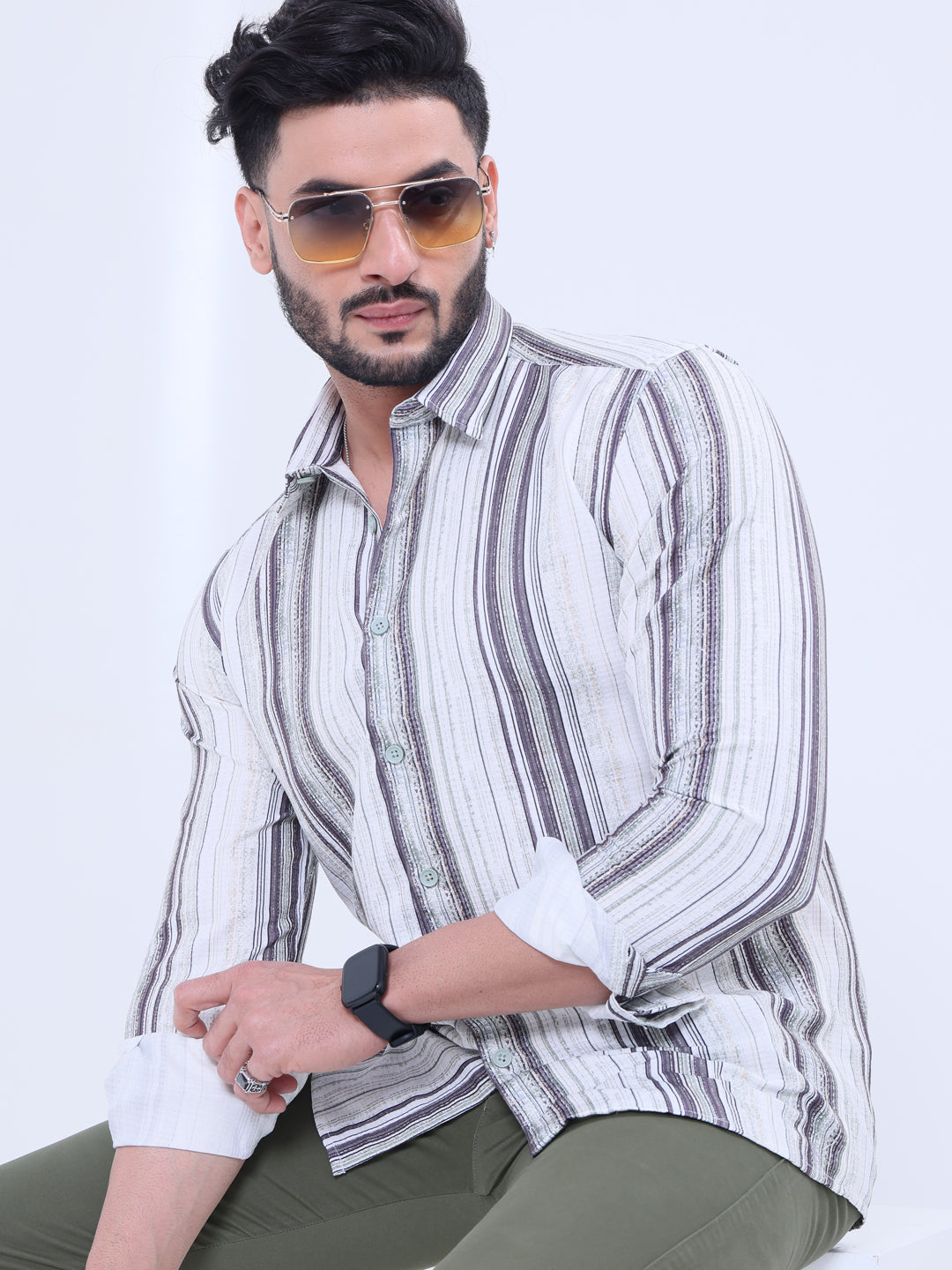 Nativebull Men's Striped Full Sleeve Casual Shirt with Spread Collar and Regular Fit  - Multi