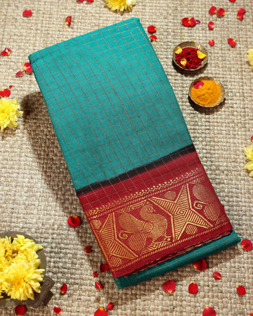 Classic Sungudi Cotton Saree with Zari Border and Checked Design - Teal Blue
